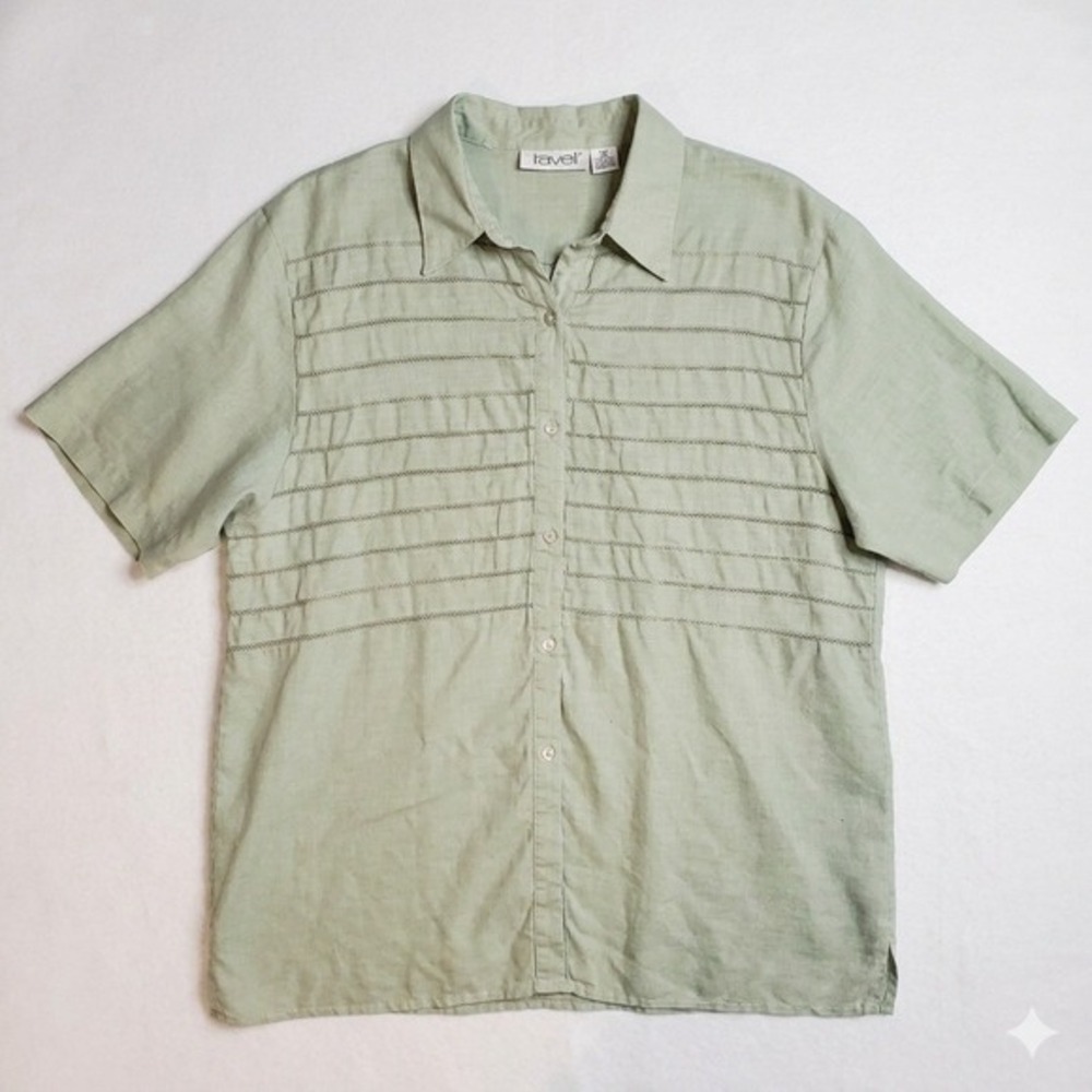 Vintage Ravel Linen‎ Ramie Shirt Womens XL Sage Green Pleated Eyelet Boho Boxy